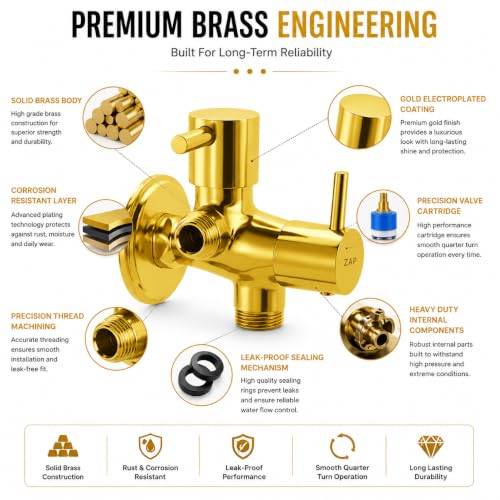 Image of ZAP Turbo Series 2-in-1 Brass Angle Valve with Wall Flange and Teflon Tape | Gold Finish Quarter Turn Dual Control Tap for Jet Spray, Geyser and Basin Tap Connection