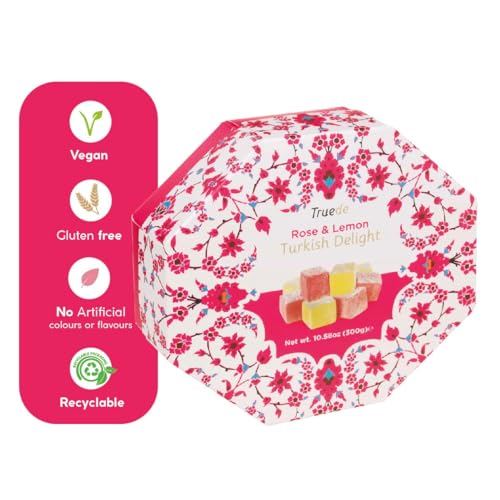 Truede Rose & Lemon Flavour Turkish Delight (300g) - Hand-Made Dusted Rose and Lemon Turkish Delight
