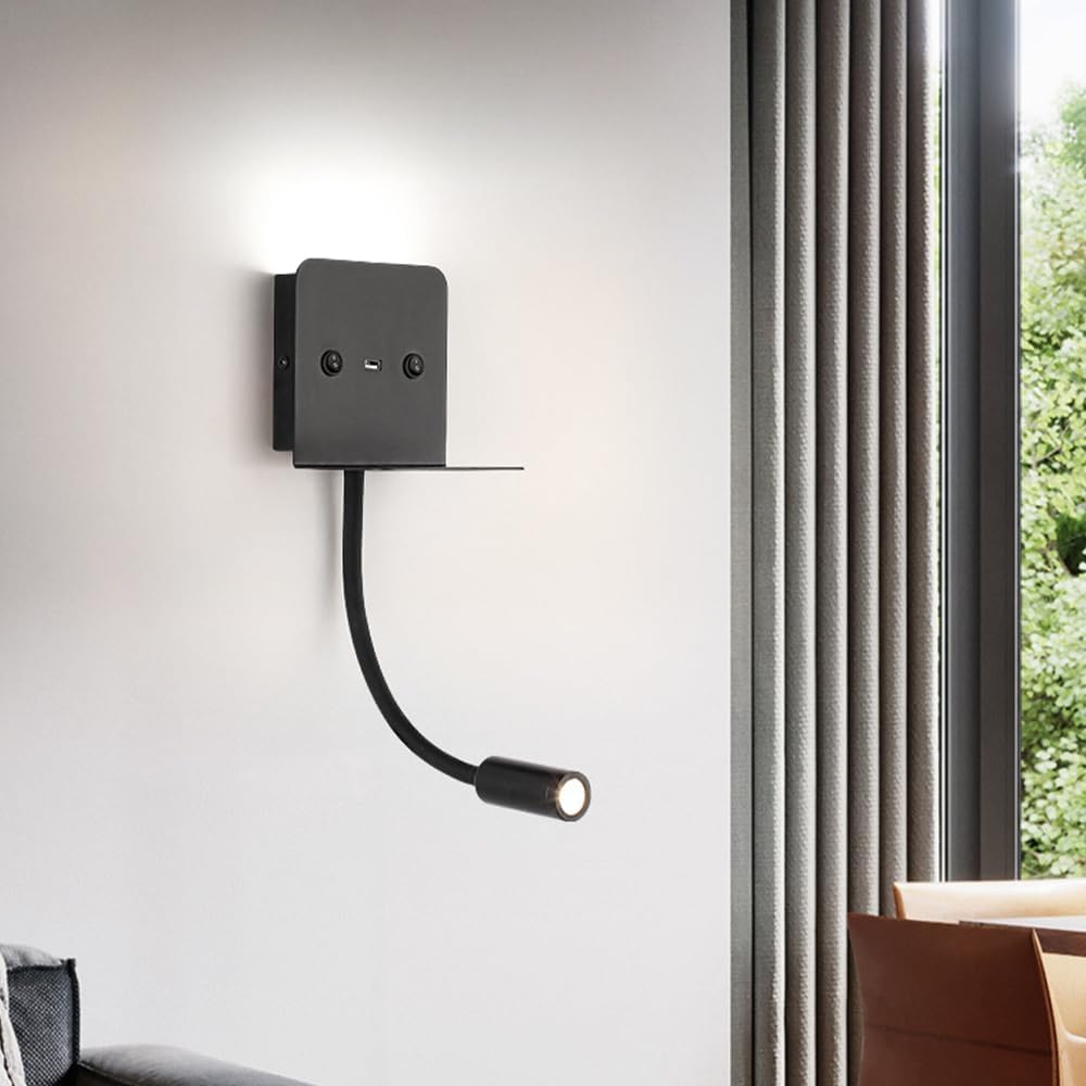 LED Gooseneck Wall Mount Reading Lamp Hardwired Wall Light, Modern Interior Lighting, USB Charging Port, Headboard Lamps for Bedroom Bedside Study Room (3000k Warm Light)