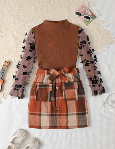 Image of Toddler Girl Clothes Girls Outfits Flare-lace Sleeve Top and Plaid Skirt Dress Fall Winter 2Pcs Girls Clothes 5-12T