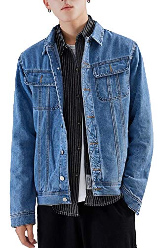 Hotmiss Men's Denim Jacket Casual Blue Button Down Trucker Jean Coat (Blue, Small)
