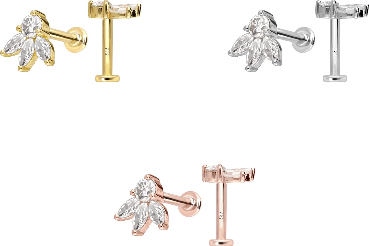 PIERCINGLINE Piercing Stecker 14 Gold Labret mit Innengewinde MOISSANIT-LOTUSBLÜTE 585er Gold - Roségoldfarben, Goldfarben, Silberfarben