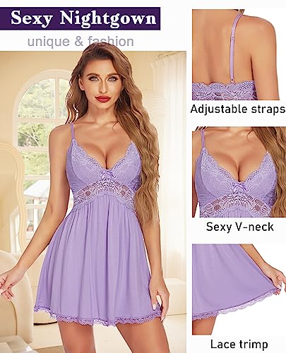 Image of Avidlove Women Chemise Night Gown Lace Modal Sleepwear V-Neck Full Slip Babydoll Lingerie Sexy Nightgowns