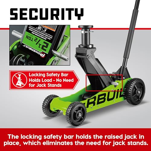 Image of Powerbuilt 2.5 Ton Big Wheel Off Road Jack, Vehicle Lift for Trucks, SUVs, ATVs Offroad Vehicles, Oversized Wheels for Rugged Terrain, 5000 LB Capacity, Green 620624ECE