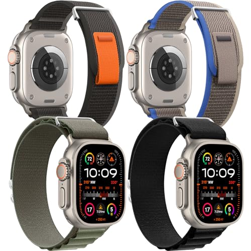 4 Pack Alpine Loop and Trail Loop Compatible with Apple Watch Band 42mm 44mm 45mm Men Women, Adjustable Sport Elastic Nylon Strap for iWatch Series Ultra/SE/8/7/6/5/4/3/2/1, Black/Blue/Green/Black
