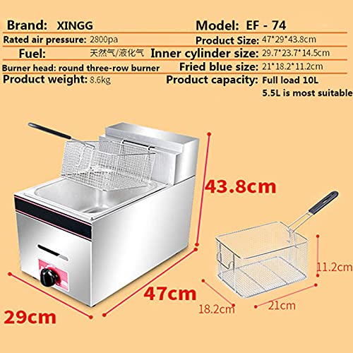 Fritadeira a Gás Comercial Aço Inox 10L, Poder de Fogo Ajustável e Controle de Temperatura, Com Cest