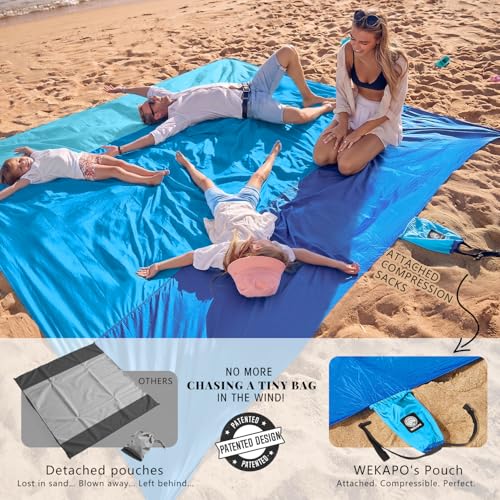Image of WEKAPO Beach Blanket Sandproof Waterproof, Extra Large Beach Mat, Oversized & Compact Sand Free, Quick Drying Beach Essentials for Vacation, Cruise, Picnic & Camping with Stakes