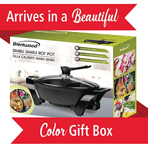 Brentwood Panela elétrica antiaderente para Shabu SK-72BK com divisória, preta