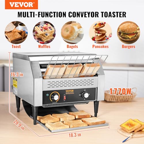 Image of VEVOR 1770W Commercial Conveyor Toaster, 450 Slices per Hour, Heavy Duty Electric Toaster Oven, Food-Grade 304 Stainless Steel Conveyor Belt, Dual Knob Control, for Restaurant Bakery Bread Bagel Bun