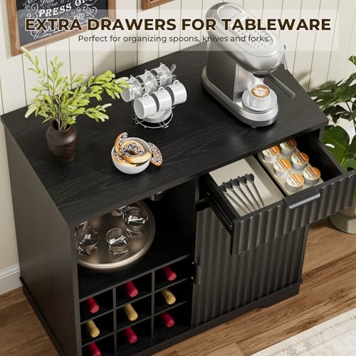 Aauro Home Fluted Coffee Bar Cabinet, Modern Liquor Cabinet with Glass Holder & Wine Rack, Wine Bar Cabinets with Storage, Buffet Sideboard for Living Room, Kitchen, Dining Room, Black