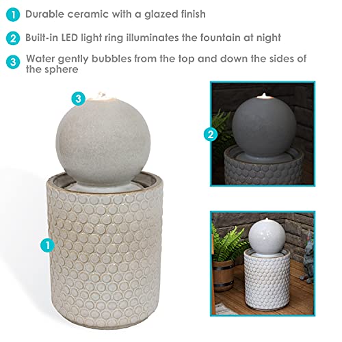 Sunnydaze Modern Orb Outdoor Ceramic Water Fountain With Led Lights And Round Circle-Pattern Base - Exterior Water Feature For Garden, Lawn, Deck, Porch And Balcony - 23.5-Inch #TOP3