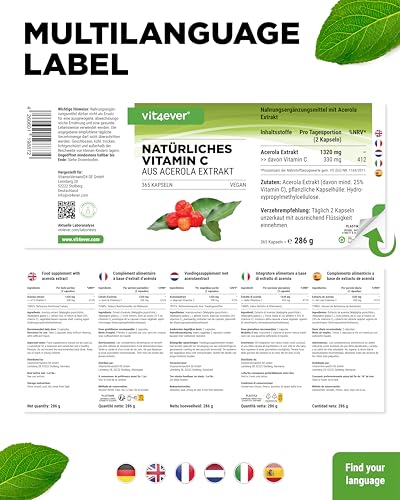 vit4ever Natürliches Vitamin C aus Acerola Extrakt - 365 Kapseln - Hochdosiert - Premium Rohstoff - Ohne unerwünschte Zusätze - Vegan