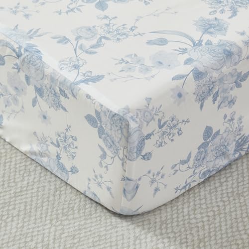 Image of Brandream Baby Crib Sheets for Girls Boys, Fitted Crib Sheet for Standard Crib and Toddler Mattress, Super Soft 100% Cotton Baby Sheet French Country Toile Botanical Grandmillennial Floral Print, Blue