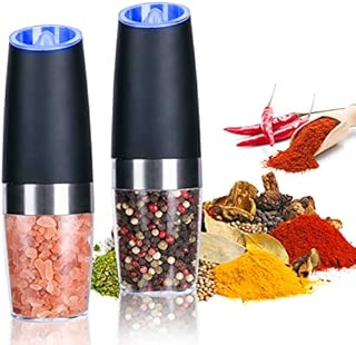 Electric Salt and Pepper Grinder Set, Gravity Sensor, Automatic Pepper Mill, One Hand Operation, Battery-Operated with Adjustable Coarseness, Blue Led Light (Black 2 Pack)