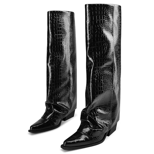 Image of Women's Fold Over Knee High Boots Wide Calf Chunky Heel Long Boots | Women Pointed Toe Tall Boots, Fashion Slouchy Boots, Side Zipper Shark Boots, Dress Tall Boots for Fall Spring Winter
