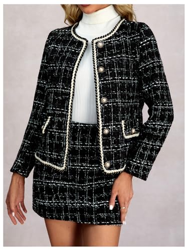 Women's 2 Piece Outfits Plaid Button Front Long Sleeve Tweed Jacket and Mini Skirt Elegant Set4