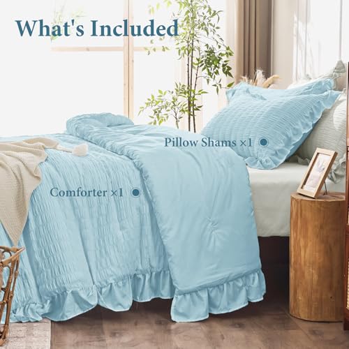 Image of JOLLYVOGUE Blue Twin /Twin XL Comforter Set, 2 Pieces Seersucker Lightweight Fluffy Bedding Set, Twin Ruffle Comforter, All Season Soft Microfiber Shabby Chic Bed Set
