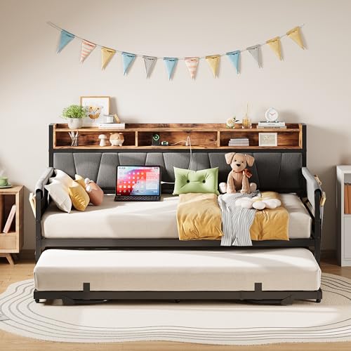 LIKIMIO Daybed with Trundle Bed, Twin Bed Frame with Upholstered