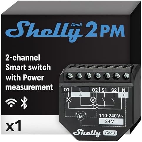 Shelly 2PM Gen3 WiFi 2-Channel Smart Relay Switch, Power Metering