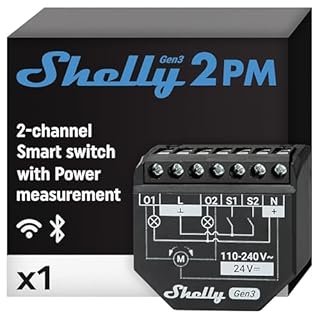 Shelly 2PM Gen3 - Wi-Fi Interruttore Intelligente Relé, 2 Canali, 16А, Monitora il Consumo di Energia, Controllo Remoto e Automazione, Illuminazione, Nessun Hub Richiesto, Alexa, Google Home