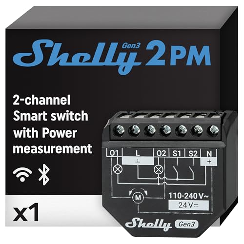Shelly 2PM Gen3 -Połączony przełącznik rolet, 2-kanałowy, 16 A,Wi-Fi i Bluetooth,Wbudowany licznik zużycia, Zdalne sterowanie roletami, Chip ESP-Shelly-C38F, Alexa i Google Home, App, iOS, Android