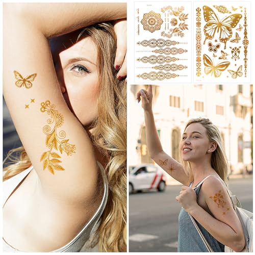 Deepton Temporäre Tattoos, Festival Tattoos Damen Goldene, Klebetattoos Erwachsene, Wasserdichte Metallic Gesichtstattoo Glitzer zum Aufklebe für Party Festival Accessoires