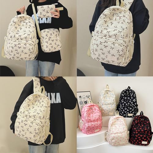 Pink Bow Backpack 3pcs Set,Coquette Cute Aesthetic Bow Backpack, Kawaii Nylon Backpack Set Large Capacity (Pink)3