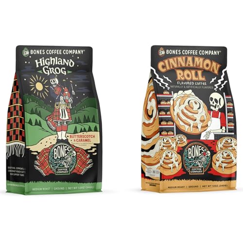 Bones Coffee Company Highland Grog With Cinnamon Roll 12 oz Ground Flavored Coffee Medium Roast Coffee Bundle