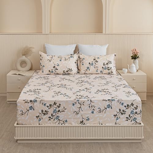 Image of HOMEMONDE All Around Elastic Fitted Bedsheet King Size Mattress 72 x 78 Inch Floral Printed Fitted Flat Sheet with 2 Pillow Covers - Papaya Whip, 210 TC,Multicolor | Perfect for Home Decor & Gifting