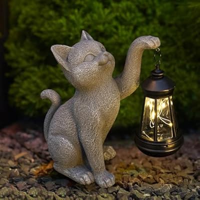 WONDHOME Solar Cat Garden Statues Resin Cat Figurine with Lantern for Porch Patio Lawn Yard Garden Decor,Birthday Housewarming Gardening Gifts for Mom Women