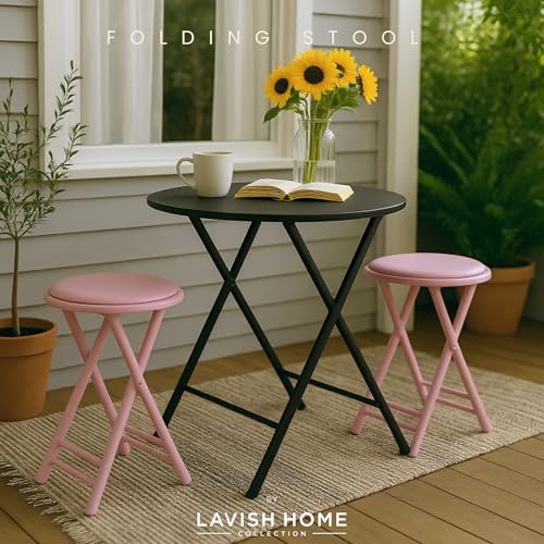 Image of Lavish Home Folding Stool with Padded Backless Seat Set of 2, Pink, 24 inch | Counter Height Bar Stools with 225lb Capacity, Portable Indoor & Outdoor, Extra Seat for Kitchen, Rec Room or Camping
