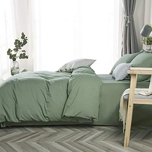 Jellymoni Green 100% Washed Cotton Duvet Cover Set, 3 Pieces Luxury Soft Bedding Set With Zipper Closure. Solid Color Pattern Duvet Cover Queen Size(No Comforter) #TOP1