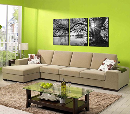 Sechars - Canvas Prints Wall Art Black And White Tree In Sunrise Canvas Wall Art Lake Landscape Picture Giclee Print On Canvas Framed And Ready To Hang Modern Home Ofiice Wall Decor - 48"X24"Overal #TOP2