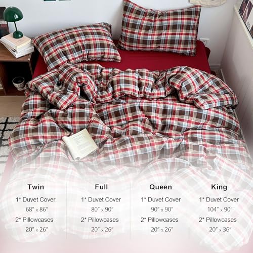 Image of EAVD Vintage Red Brown Buffalo Plaid Duvet Cover Queen 100% Wasehd Cotton Plaid Bedding Set with Grid Checkered Pattern Farmhouse Gingham Duvet Cover with Zipper Closure 2 Pillowcases for All-Season