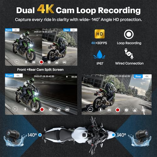 Image of WonVon Motorcycle CarPlay Screen with Android Auto - 7 inch Waterproof GPS, Pantalla para Moto, Apple CarPlay, Navigation System for Motorcycle, Dual 4K Dash Cam Bluetooth Audio, BSD & TPMS