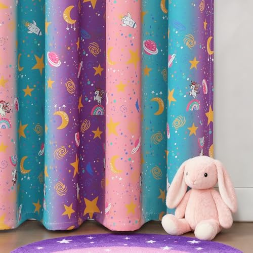 Image of Pink Purple Teal Unicorn Blackout Curtains 96 Inch Length for Kids Bedroom