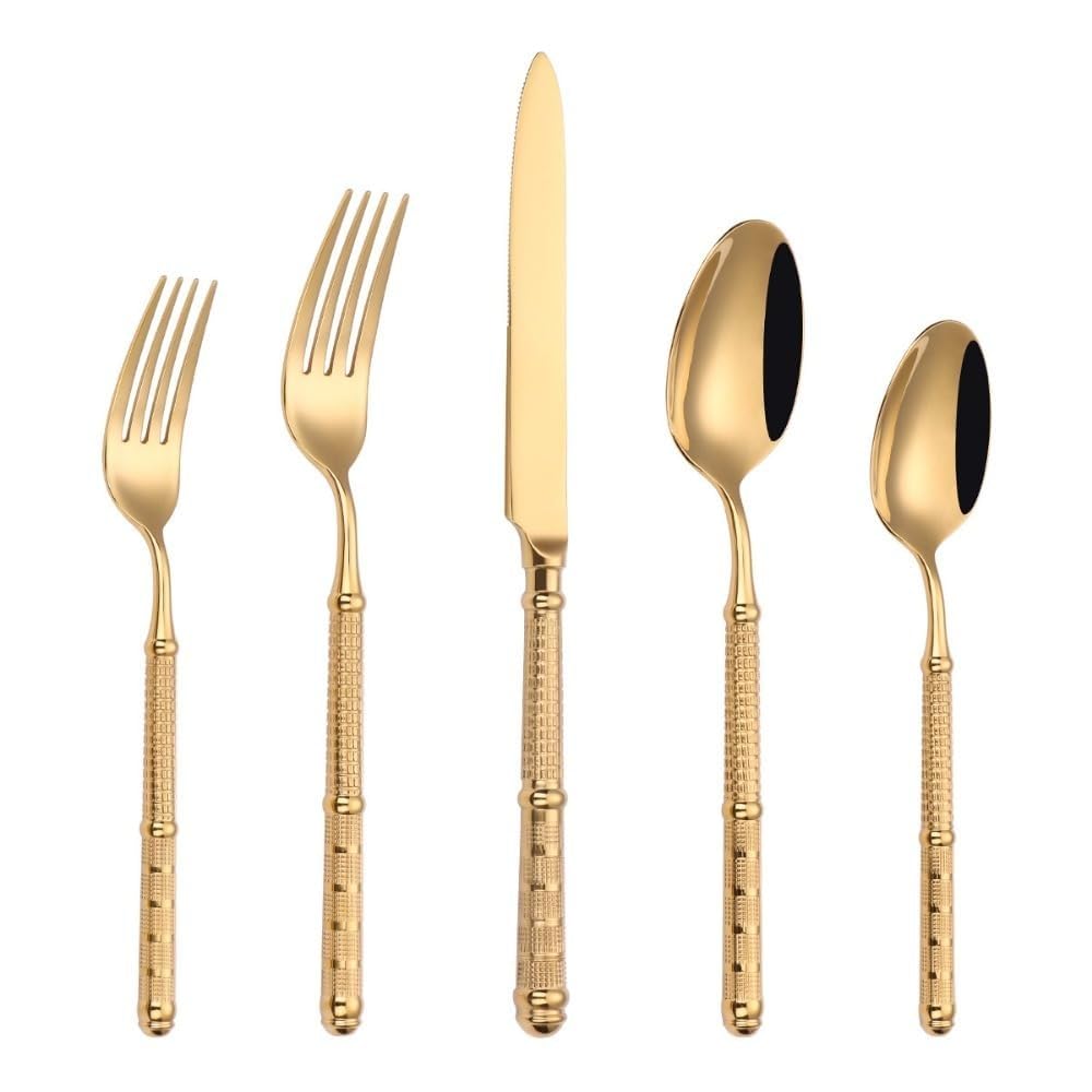 Luce Di Lusso Solido Rilievo Manico Rotondo Cucina Acciaio Inossidabile Posate Stoviglie Posate Set Coltello Da Bistecca Forchetta Cucchiaio Cucchiaino (Oro,5 pezzi)