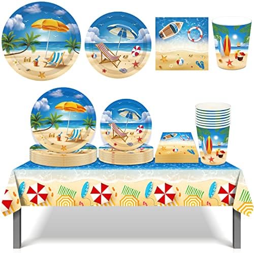 45PCS Beach Party Supplies - LIYDE Hawaiian Beach Party Decorations Pool Party Supplies Disposable Tableware Serve 8 Include Tablecloth Plates Cups Napkins Summer Beach Theme Party Supplies for kids Birthday Party