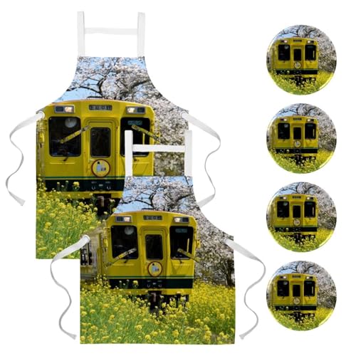 Lot de 2 tabliers de cuisine avec 4 broches imprimé train japonais fleurs de printemps