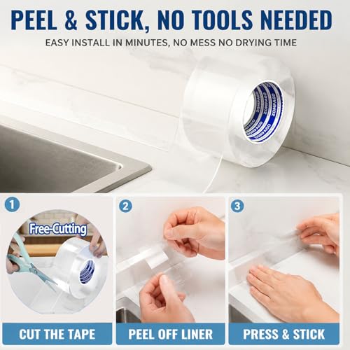 Image of ZOMPAGO Caulk Tape 2Roll,2in x 9.84FT Clear Waterproof Self Adhesive Caulking Tape Peel and Stick Caulk Strip for Bathroom Bathtub Toilet Kitchen Vanity Stain Resistant