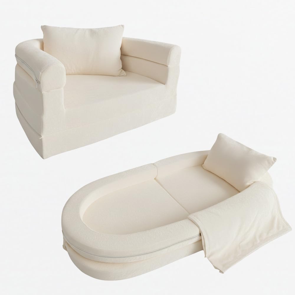 Wonder Space Sofá de espuma premontado para niños con manta y almohada, sofá convertible 3 en 1, silla de salón plegable para interiores y cama plegable para niños y niñas (marfil)