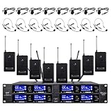 Wireless Microphone System 8 Channel Microphones TBAXO UHF 8 Bodypacks 8 Headsets 8 Lapel Mics Professional DJ Karaoke Church Speaking Conference School Wedding Party Ktv