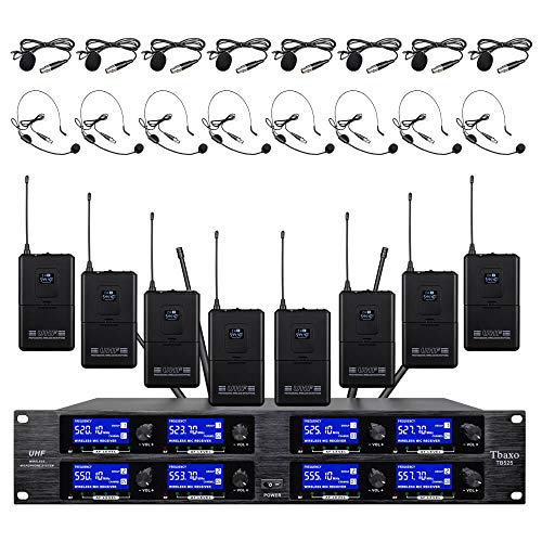 Wireless Microphone System 8 Channel Microphones TBAXO UHF 8 Bodypacks 8 Headsets 8 Lapel Mics Professional DJ Karaoke Church Speaking Conference School Wedding Party Ktv