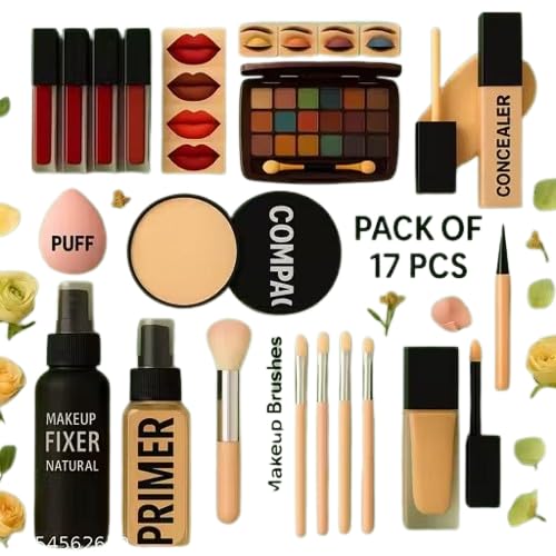 17 Pcs Professional Makeup Kit for Women & Girls with 18 Color Eyeshadow Palette, 4 Liquid Lipsticks, Foundation, Primer, Concealer, Compact Powder, Makeup Fixer, 5 Makeup Brushes & Puff-picture-19
