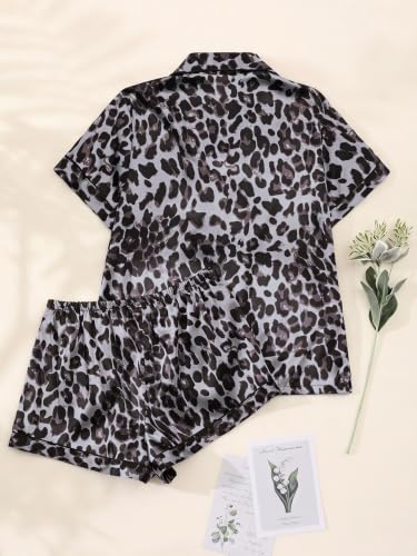 Image of SHENHE Women's 2 Piece Satin Pajama Set Leopard Short Sleeve Pj Shorts Set | Button Down, Cheetah Pjs Set, Silk Pajama Set, Sexy