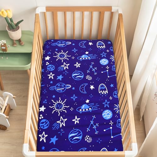 Image of Baby Fitted Crib Sheet Soft Microfiber 52 inch x 28 inch Crib Mattress Sheet for Boys Girls Breathable Baby Bedding with Space Design Blue