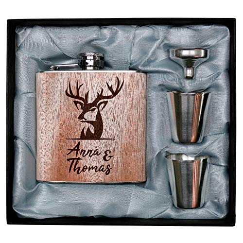 Pixelstudio Houten heupfles met hertengravure, gepersonaliseerd met naam, cadeauset, cadeau voor mannen, jagers… - Image 3