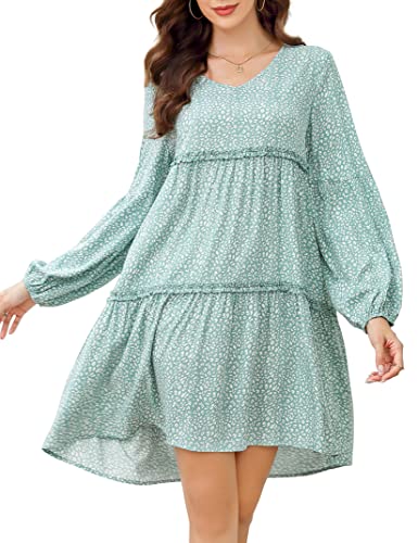 Damen Kleid Boho Langarm V-Ausschnitt Blumen-Muster Casual Minikleid Rüschen Kleider Freizeitkleid,A-Grün Weiß,XXL Cover