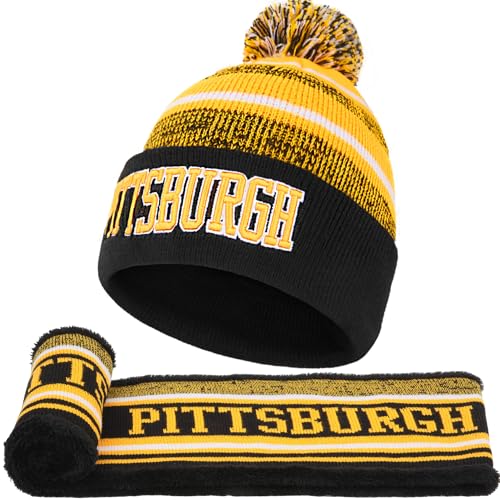 Pittsburgh Winter Beanie Hat Circle Scarf Set Warm Football Knit Beanie Hat Neck Warmer Scarves Stylish Pom Pom Beanie Cap Winter Gifts for Sport Fans with Stickers