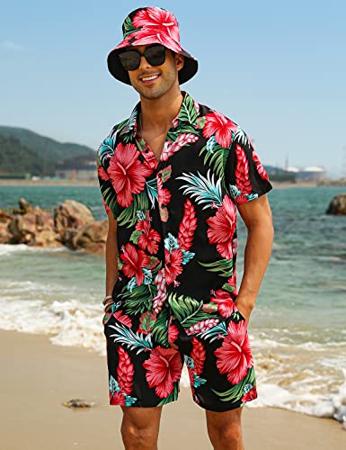 EISHOPEER Men's Flower Hawaiian Sets Casual Short Sleeve Shirt and Shorts Suits Outfits with Bucket Hats2